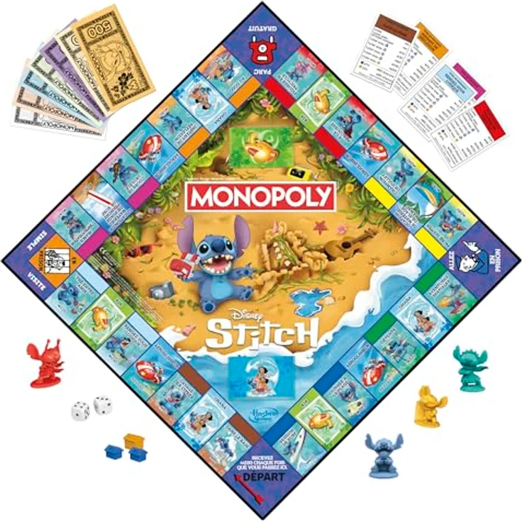 Hasbro Monopoly Stitch, Disney Lilo & Stitch Edition, Brettspiel für 2 bis 4 Spieler, 30 Minuten Spielzeit, ab 8 Jahren mit 4 einzigartigen Spielsteinen und Strandhäusern – Bild 3