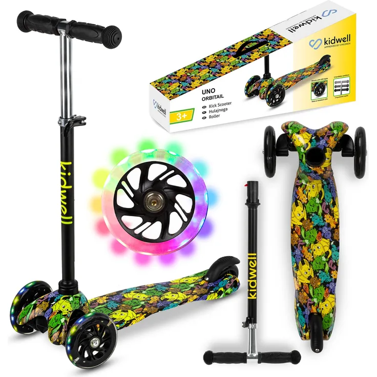 COIL UNO Dreiradscooter, Kinderroller mit ABEC-7-Lagern, 3-stufiger Lenkradverstellung und LED-Rädern, Schwarz