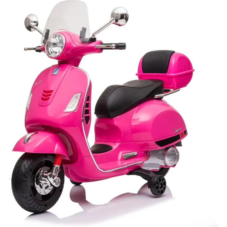 Vrooomy Elektro Vespa GT für Kinder, 7,2V Batterie, Kofferraum, Rosa, geeignet für 3-6 Jahre, 3-4 km/h, mit MP3-Player und LED-Lichtern