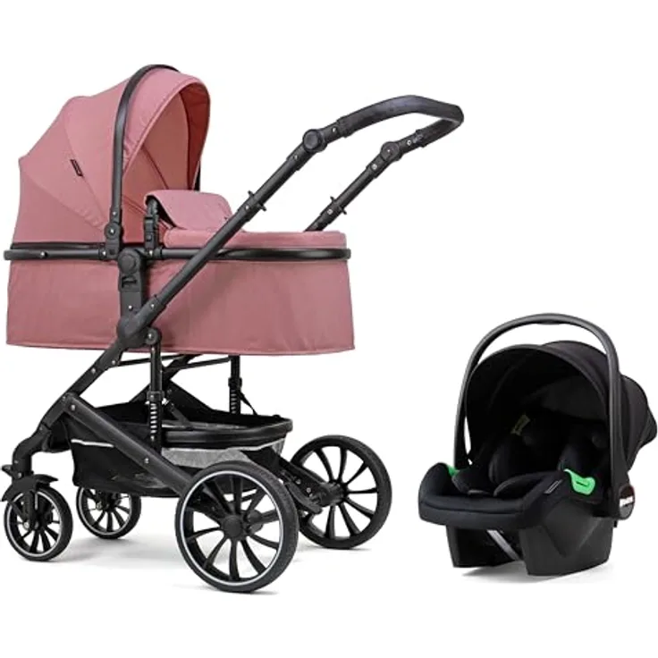Pixini Kinderwagen Kalani 3in1 Kombikinderwagen, inkl. Babywanne & Buggy & Auto-Babyschale & Cupholder (altrosa) - Komfortabler Kinderwagen mit verstellbarer Rückenlehne und höhenverstellbarem Schieber