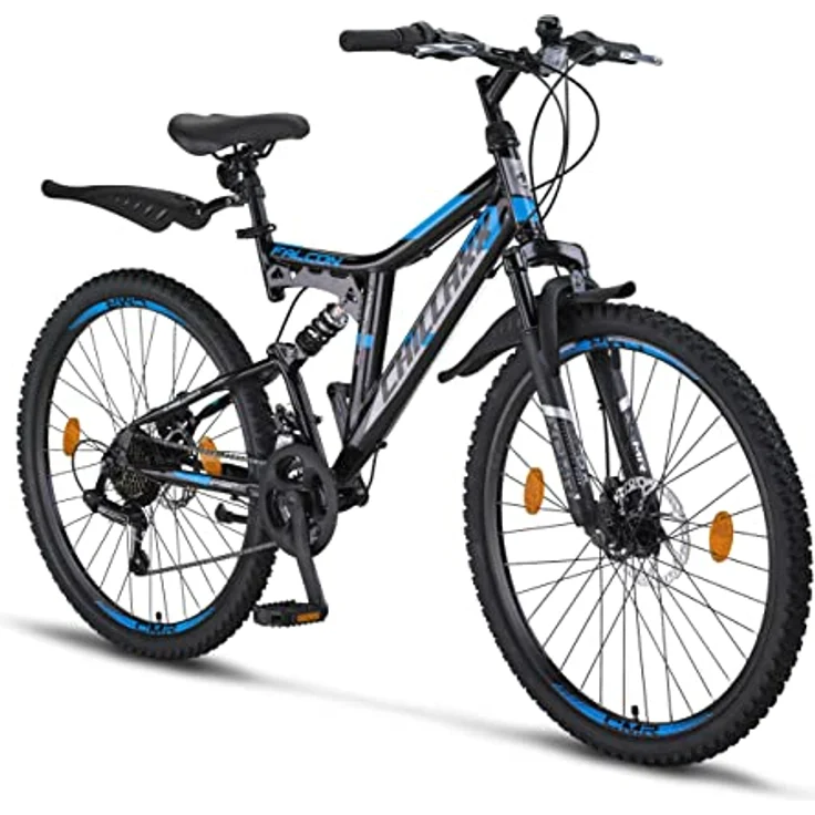 Chillaxx Bike Falcon Premium Mountainbike in 24 und 26 Zoll - Fahrrad für Jungen, Mädchen, Damen und Herren - Scheibenbremse- 21 Gang-Schaltung - Vollfederung (26 Zoll, Schwarz-Blau Disc-Bremse) – Bild 1