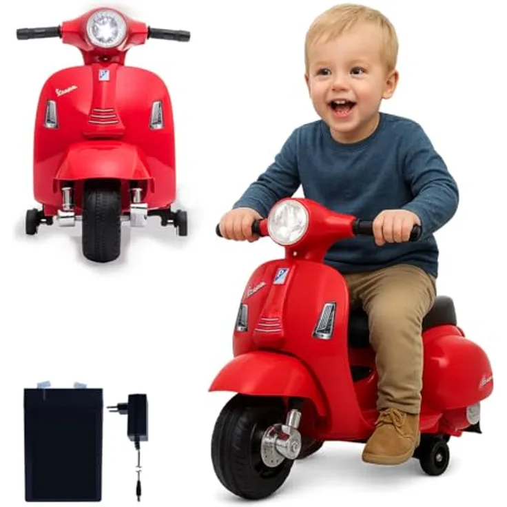 JAMARA Ride-on Vespa Mini rot, Elektrofahrzeug für Kinder mit 8,4V Lithium-Ionen Akku und LED Scheinwerfer