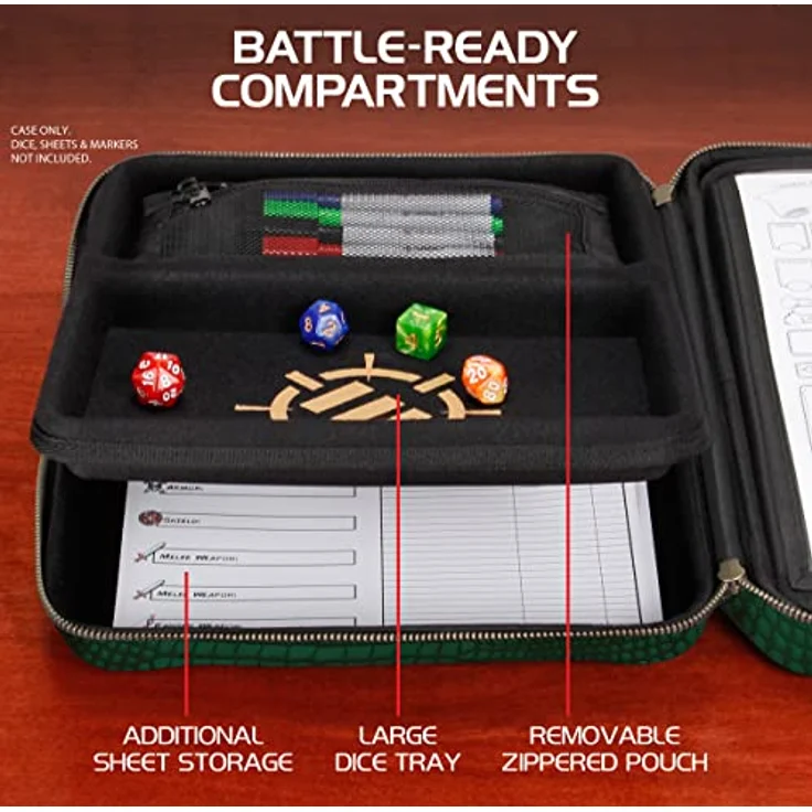 ENHANCE RPG-Organizer-Etui, Sammleredition – DND-Ordner mit Charakterbogenhalter, Würfelrollbereich, herausnehmbarer Stifttasche und Miniatur-Schaumstoffablage, Drachen Grün – Bild 3