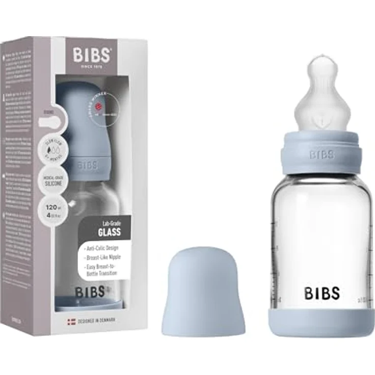 BIBS Baby Glasflasche 120ml, runder Silikonsauger, kolikenreduzierend, BPA-frei, Baby Blue – Bild 1