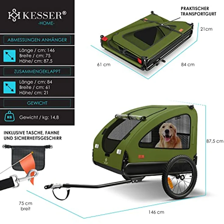 KESSER® Hundeanhänger Boxer 2-in-1 Hundebuggy Fahrradanhänger groß ca. 250L Volumen - Inkl. Fahne und Tasche - 600D Oxford Canvas, Klappbar SmartSpace Concept, maximale Belastbarkeit: 45kg Khaki / Schwarz – Bild 8