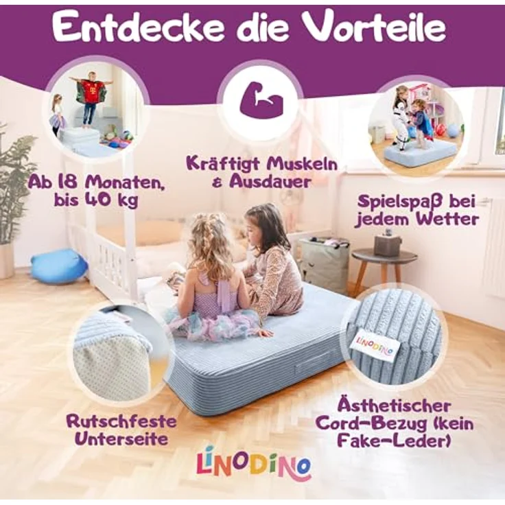 Hüpfpolster Einhornblau mit Federkern, rutschfester Unterseite, Tragegriff und abnehmbarem, waschbarem Cord-Bezug – Bild 6