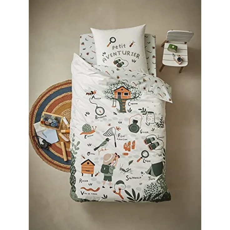 Vertbaudet Bettwäsche-Set für Kinder, Motiv: Ma Cabane Oeko-Tex®, Blau, Grau, 140 x 200 cm, 50 x 75 cm