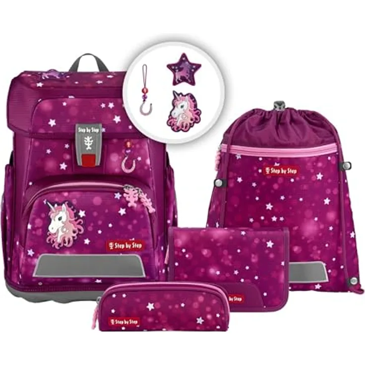 Step by Step Schulranzen-Set Cloud „Sweet Unicorn Nuala“, 5-teilig, ergonomischer Tornister in Beere-rosa mit Einhorn-Design, höhenverstellbar, inkl. Reflektoren und Hüftgurt für Mädchen, 19L