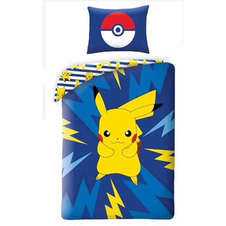 Halantex Wendebett-Set POKEMON PIKACHU ELEKTRISCH, 2-teilig, Bettbezug 140 x 200 cm & Kissenbezug 70 x 90 cm, 100% Baumwolle, Ökö-Tex Standard 100, wendbar mit 2 Designs – Bild 1