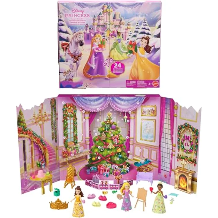 Mattel Disney Princess Puppe Adventskalender JFG79, 24 Überraschungen mit 3 kleinen Puppen, 3 Tierfreunden, 6 Moden und 16 Zubehörteilen – Bild 1