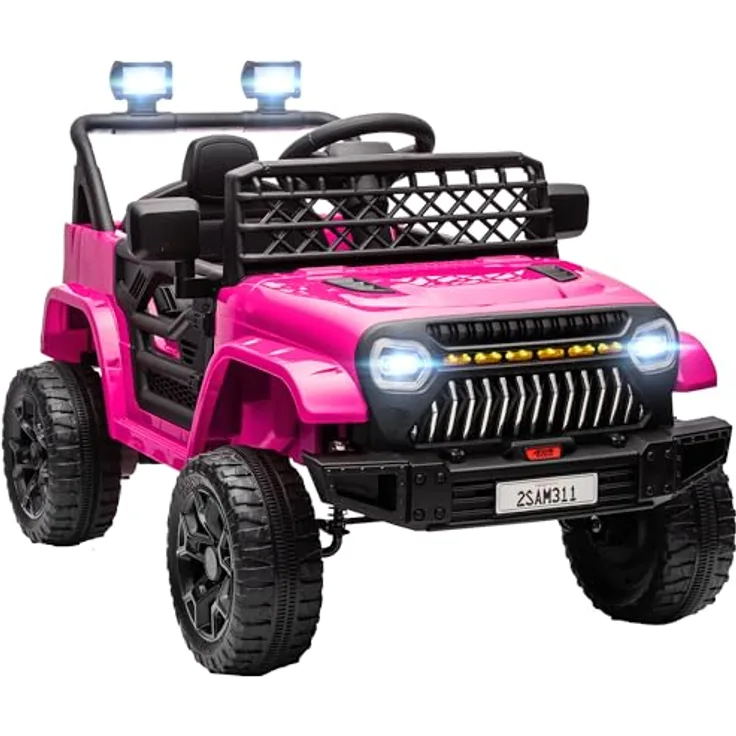 AIYAPLAY Kinder Elektroauto 12V, elektrisches Kinderfahrzeug mit 2 Motoren, 2,4 GHz Fernbedienung, 3 Geschwindigkeiten, Hupe, LED Musik, USB-Anschluss, 4 gefederte Räder, rosa, für 3-8 Jahre