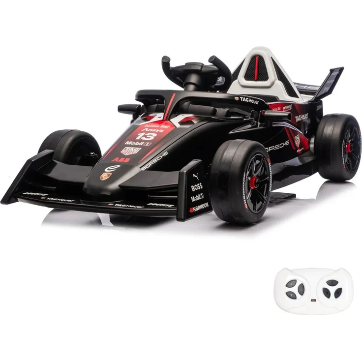 Vrooomy Elektro-Kinderfahrzeug Porsche Formel 1 2025, 12V mit Fernbedienung, für 1-5 Jahre, Schwarz, MP3-Player, Sicherheitsgurt, Soft-Start-Funktion