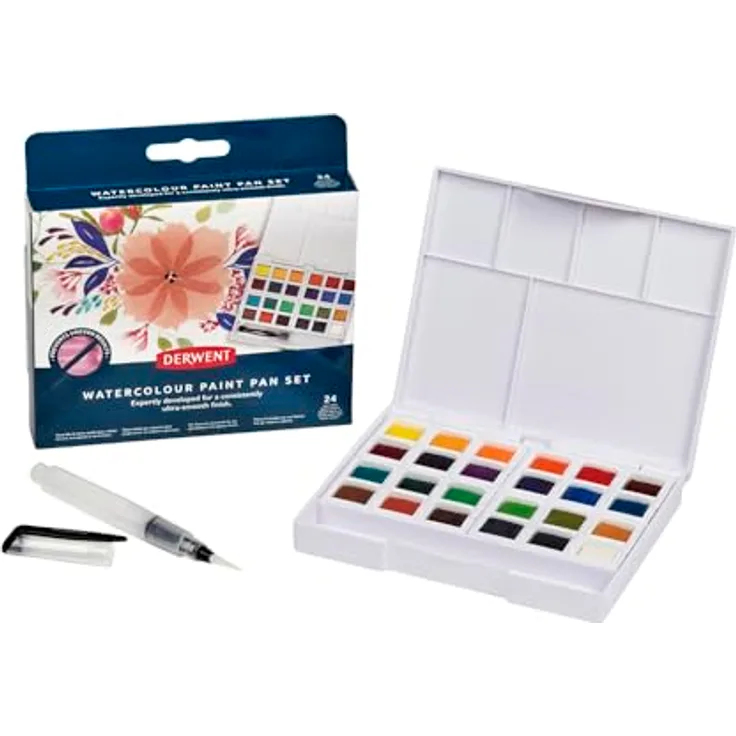 Derwent Aquarellfarben Malkasten 24-teiliger Watercolour Paint Pan, wasserlösliche Farben, Profi-Qualität, inklusive Mini-Wassertankpinsel, Reisegröße, 2306260