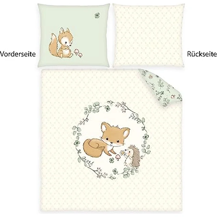 Herding Wiegenbettwäsche-Set Waldfreunde Fuchs, 100% Baumwolle/Renforcé, beige/grün, mit Hoteleinschlag – Bild 2