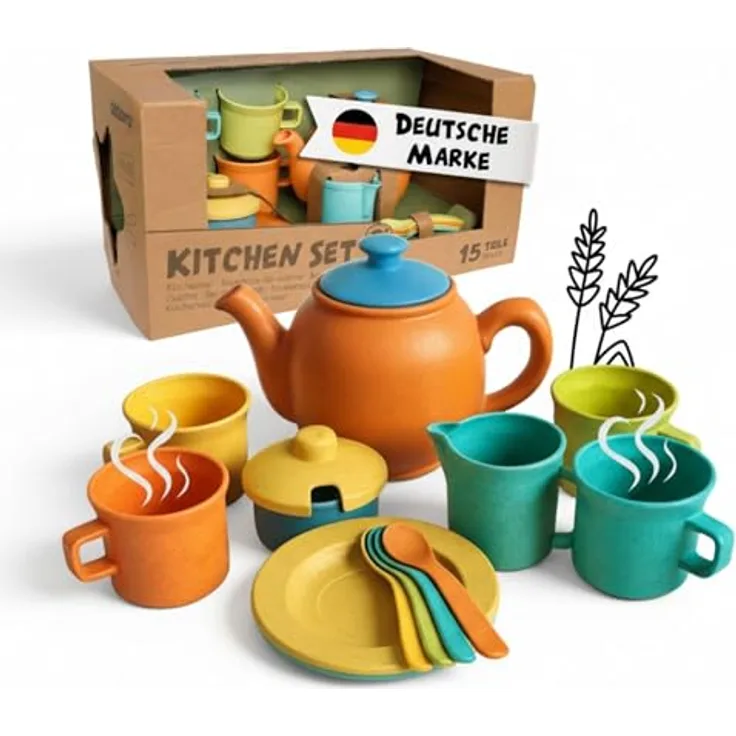 alldoro 60422 Teeservice Kinderküche, 15-TLG. Set aus Kunststoff-Weizenstroh, mehrfarbig, Rollenspiel Geschirr für Kinder ab 3 Jahren, Indoor & Outdoor