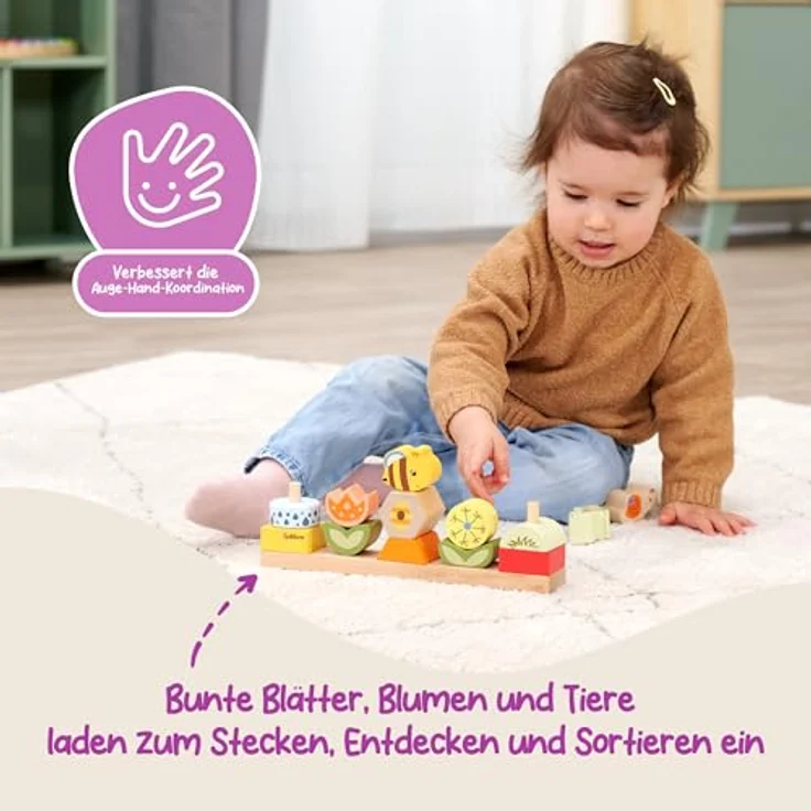 Eichhorn Bee Happy Steckspiel, 14-tlg. aus FSC®-zertifiziertem Holz, fördert Feinmotorik und Auge-Hand-Koordination – Bild 3