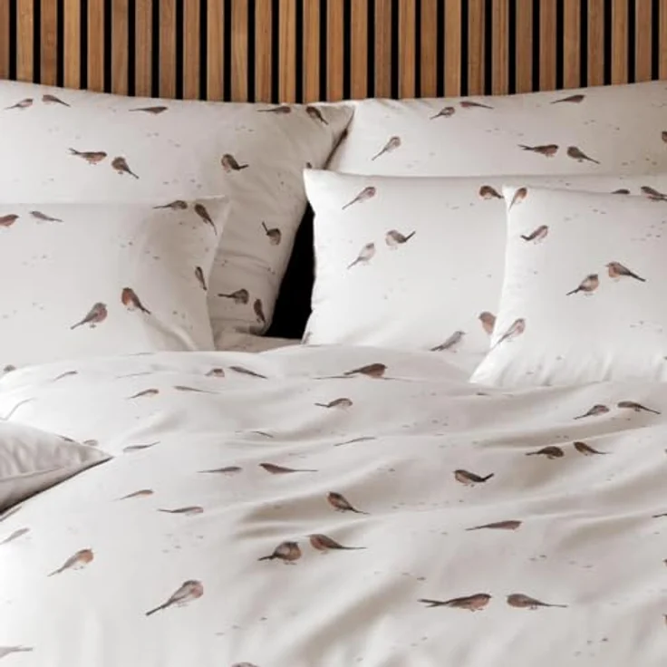 Elegante Mako-Satin Bettwäsche Rotkehlchen Natur 135 x 200 cm + 80 x 80 cm, Kinderbettwäsche mit niedlichen Vogelmotiven in Rot – Bild 4