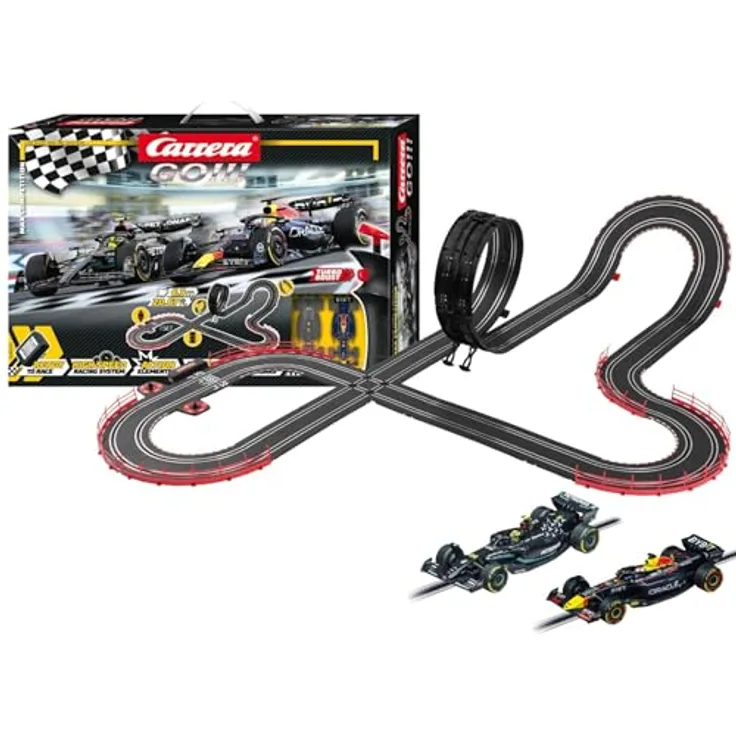 Carrera GO!!! Max Competition Rennbahn-Set, 6,3 Meter mit lizenzierten Formel-1-Slotcars für bis zu 2 Spieler, inklusive Mercedes-AMG F1 W14 E und Red Bull Racing RB19, für Kinder ab 6 Jahren und Erwachsene