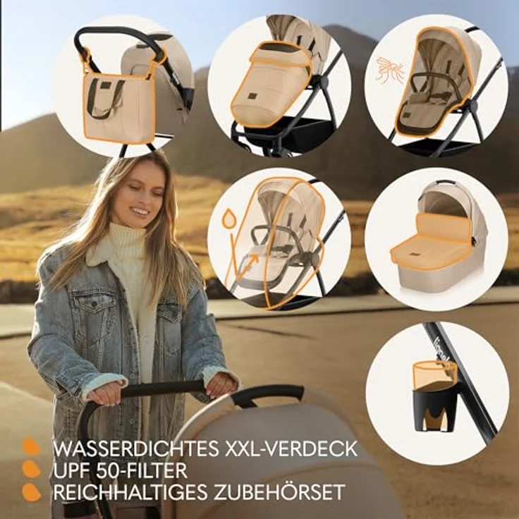 Lionelo Meril Kombikinderwagen 3-in-1, XL-Babywanne, Buggy und ADAC-zertifizierter Kindersitz, geländegängige Räder, voll gefedert, Beige – Bild 8