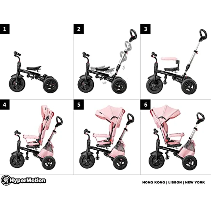 HyperMotion Kinderdreirad Tobi Velar, mit Schubstange, drehbarem Komfort-Sitz, Sicherheitsgurten, faltbarem Rahmen, gepumpte Räder, Elterngriff, Regenmantel, pink, geeignet für 9 Monate bis 5 Jahre – Bild 2