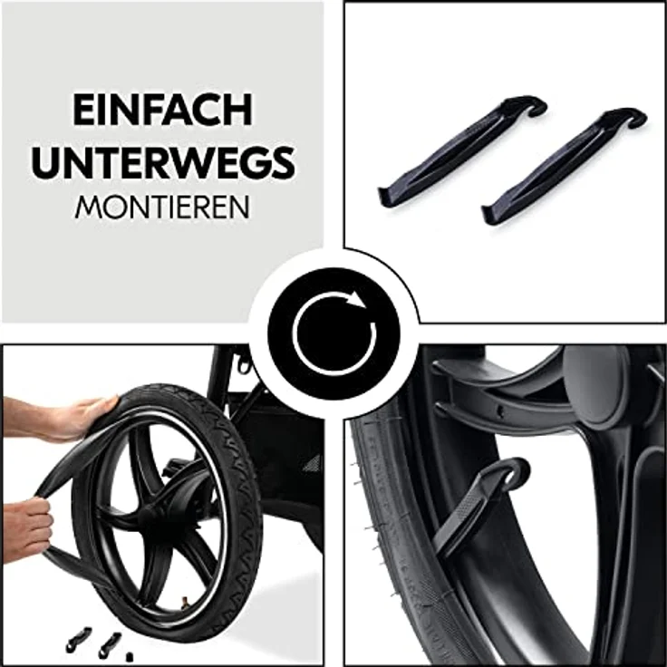Hauck Kinderwagen Schlauch Set 2x 16 Zoll und 1x 12 Zoll Durchmesser Inklusive Reifenheber, Ersatzreifen Schlauch für Dreirad-Kinderwagen und Buggys Zum Biespiel hauck Runner Serie Schwarz – Bild 4