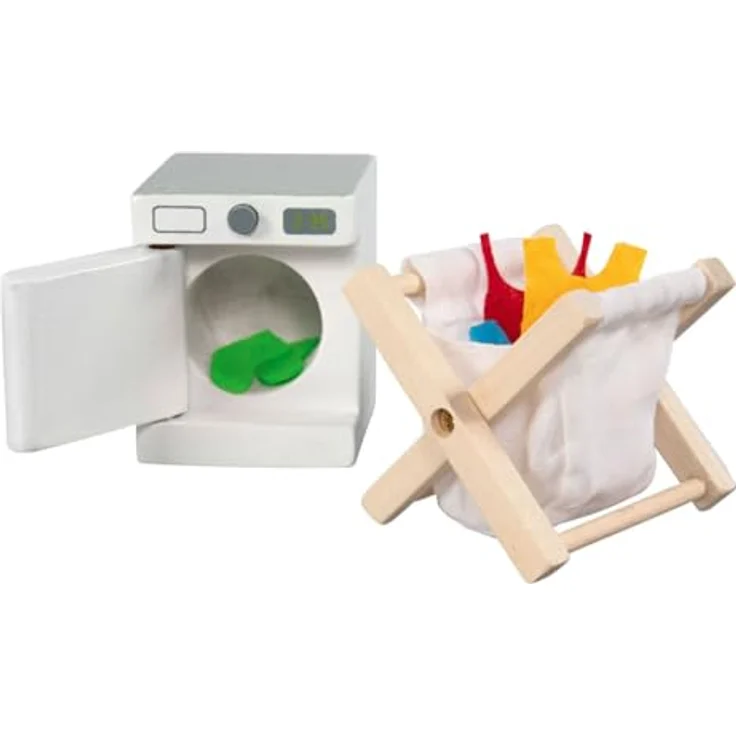 goki Puppenhausmöbel Accessoires Waschküche, 29tlg. Set mit Waschmaschine, Wäschetrockner und Bügelbrett aus hochwertigem Holz – Bild 1