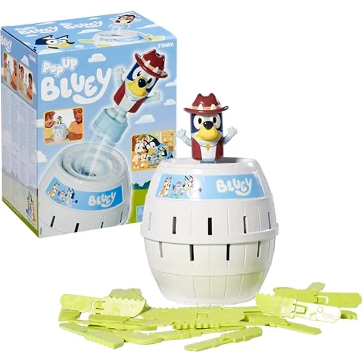 TOMY Pop Up Bluey – Lizenziertes Bluey-Spiel mit interaktiven Pop-Up-Funktionen - Brettspiel für die ganze Familie, blau
