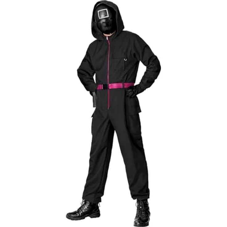 Bandai Squid Game Maskierter Offizier Kostüm, schwarzer Overall mit pinkfarbenem Reißverschluss und Gürtel, XXL