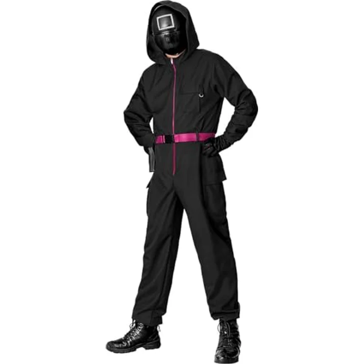 Bandai Squid Game Maskierter Offizier Kostüm, schwarzer Overall mit pinkfarbenem Reißverschluss und Gürtel, XXL – Bild 1