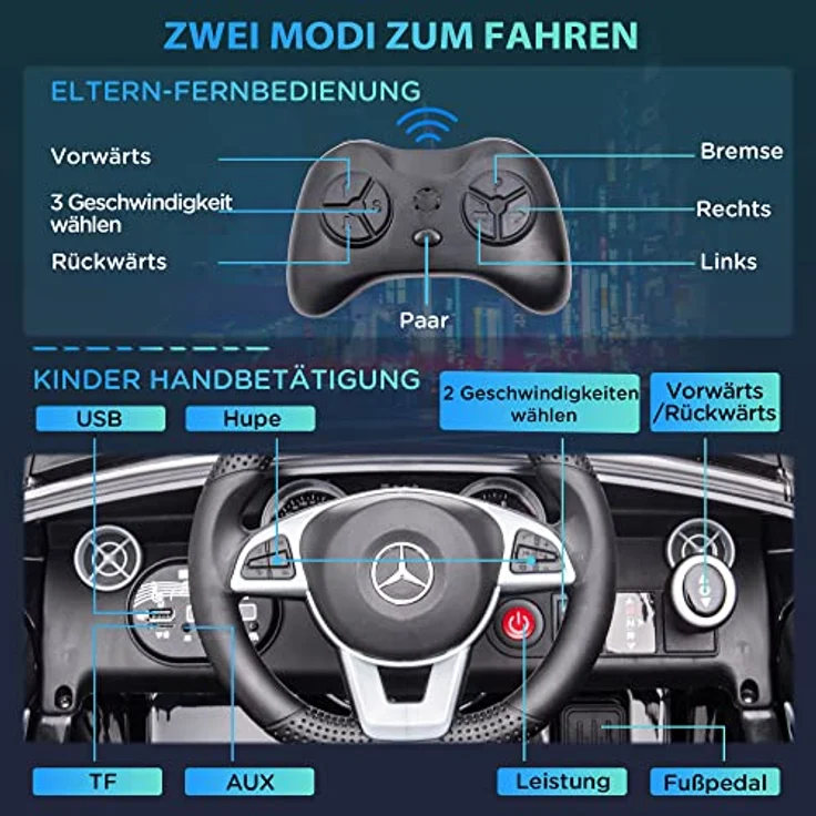 AIYAPLAY Elektro-Kinderauto mit Sicherheitsgurt, Musik, Schwarz, für Kinder ab 3 Jahren, Belastbarkeit 30 kg, 107L x 62.5B x 44H cm – Bild 4