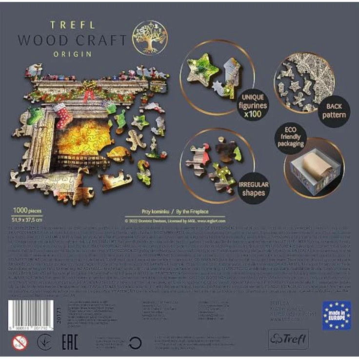 Trefl 20171 erwachsene1000 Elemente, Wood Craft, Holzhandwerk, unregelmäßige Formen, 100 Weihnachtsfiguren, Premium Modernes Puzzle, DIY, Spaß für Erwachsene und Kinder ab 12,holzpuzzle, Kamin – Bild 4