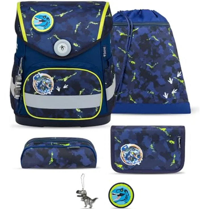 Belmil Compact mit Patches Schulranzen Set 5-teilig mit Brustgurt (405-41/AG/B/S) (T-rex) - Schulranzen-Set für 1. bis 4. Klasse, 19 L Volumen, Fidlock Magnetverschluss, AGR empfohlen, blau