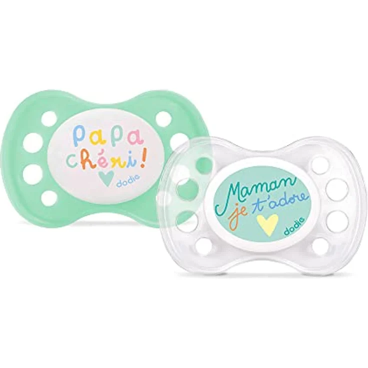 DODIE Set mit 2 anatomischen Schnullern – 0–6 Monate – BPA-frei, beständig – Liebe Mama und Papa – zufällig mit oder ohne Ring – Bild 1