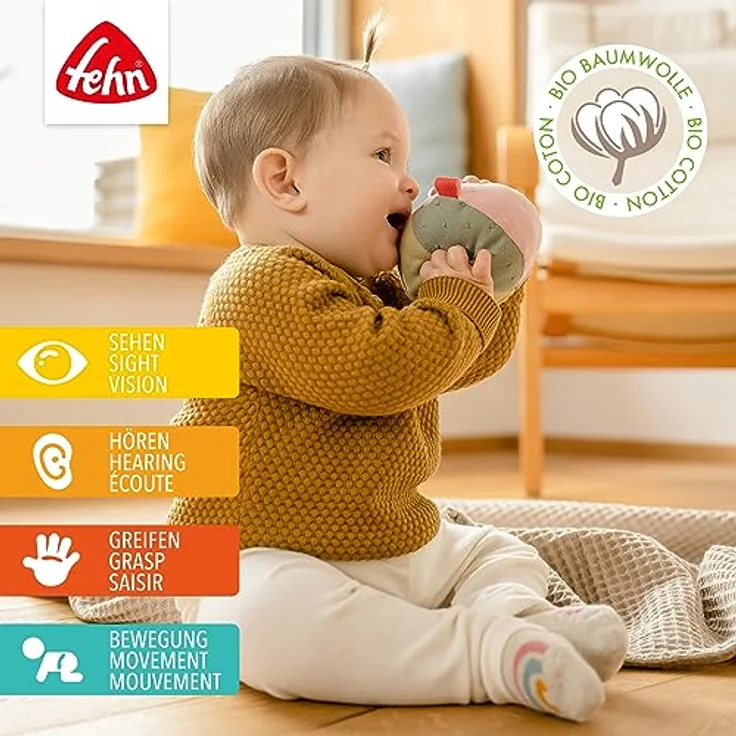 Fehn Stoffball fehnNATUR – Greif-Spielball mit Materialmix & Rassel zum Werfen, Greifen, Rollen – fördert Babys motorische Fähigkeiten – für Baby und Kleinkinder ab 0+ Monaten – Bild 2