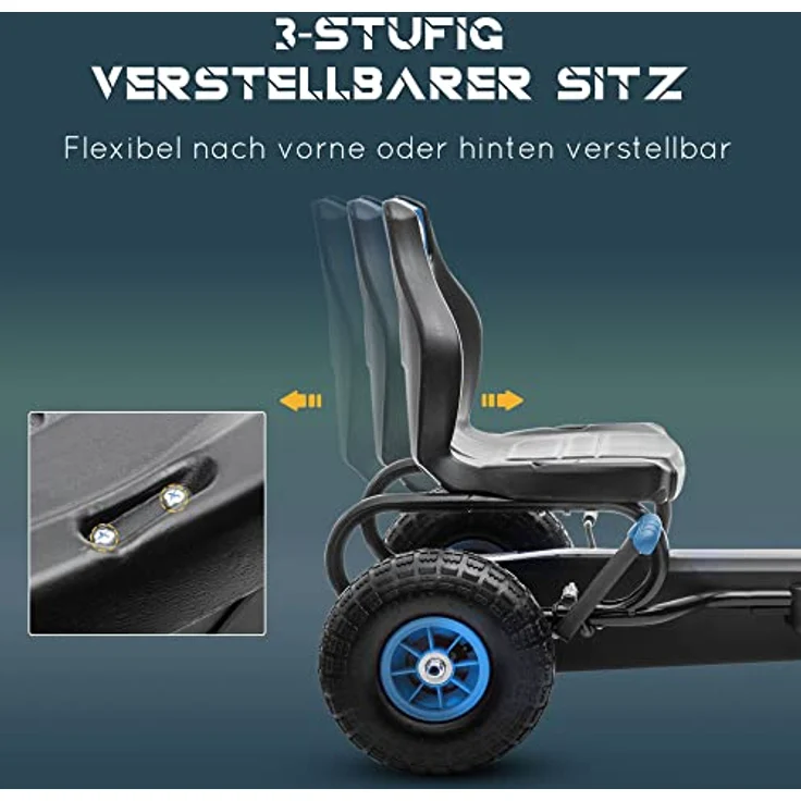 HOMCOM Gokart, Kinderfahrzeug mit verstellbarem Sitz, Tretauto mit Gummireifen, Pedal und Handbremse, Kettcar für Kinder ab 5 Jahren, Outdoor, Blau+Schwarz – Bild 4