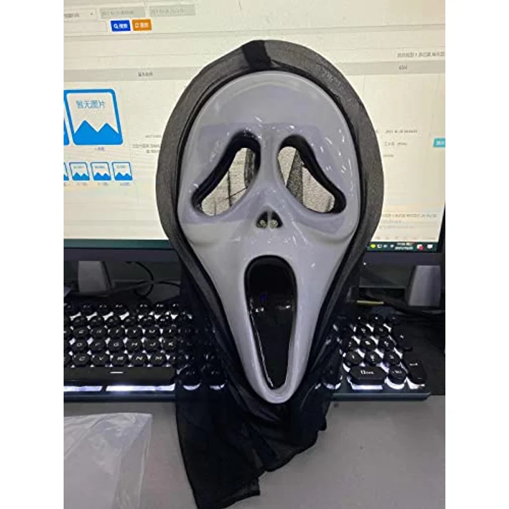 Fun World Ghostface Scream Maske, originale Halloween Verkleidungsmaske mit angenähter schwarzer Stoffkapuze – Bild 7