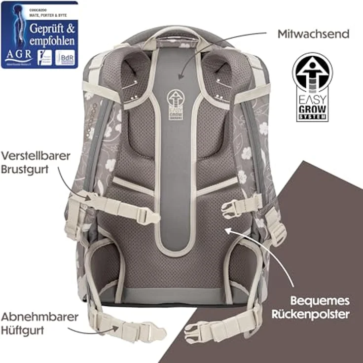 Coocazoo Mate Schulrucksack „Vanilla Bloom”, grau, ergonomisch, höhen- & größenverstellbar mit Brust- und Hüftgurt, 30 Liter, ab der 3. Klasse – Bild 4