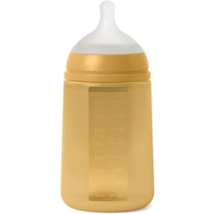 Suavinex Silikonflasche, 240 ml mit physiologischem Sauger SX Pro, Anti-Colic-Ventil, mittlere Durchflussmenge (M), für Babys + 3 Monate, Colour Essence, Senf – Bild 2