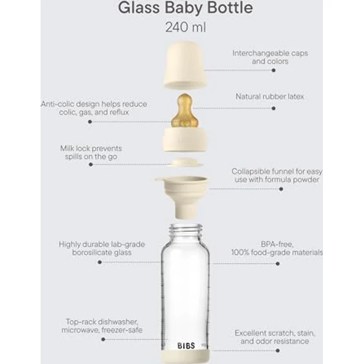 BIBS Baby Glasflasche 240ml, runder Sauger aus Naturkautschuklatex, kolikmindernd, unterstützt das Stillen, hergestellt in Dänemark, Ivory – Bild 3