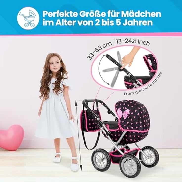 Kinderplay Puppenwagen ab 2 Jahre, Kinderwagen Puppen - Leichte und Stabile Konstruktion, Kinderpuppenwagen ab 3 Jahre, Höhenverstellbar von 33 bis 63 cm, Spielzeug Draussen, KP0261_KP0262 (KP0262R) – Bild 3