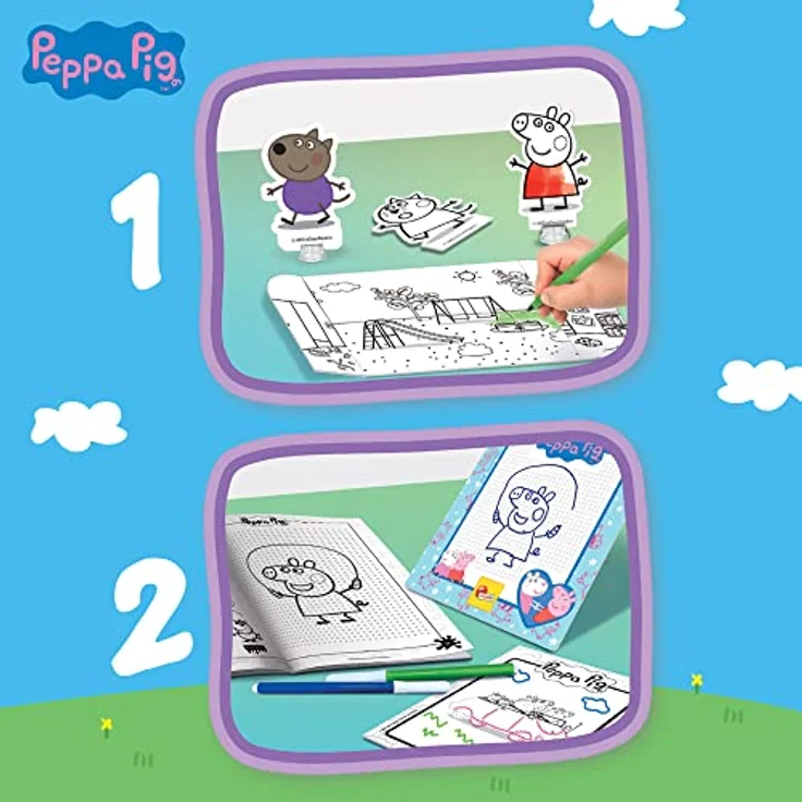 Lisciani Peppa Wutz Mal- und Zeichenschule, Kreativset mit Rucksack, 2 abwischbare Zeichentafeln, 4 doppelseitige Szenarien, 8 Figuren, bunte Stifte, Made in Italy – Bild 5