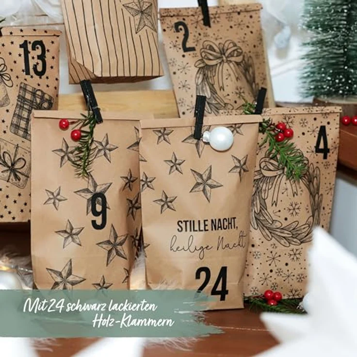 PAPIERDRACHEN Extravaganter Adventskalender zum Befüllen - mit 24 braunen Geschenktüten und 24 Zahlenaufklebern - Motiv Christmas - zum Basteln und Verschenken - Weihnachten & Advent – Bild 2
