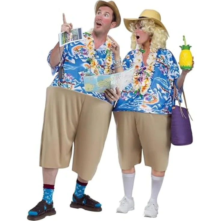 Fun World Division Urlauber Faschingskostüm, Ganzkörperanzug mit Hawaiihemd und Bermudashorts, himmelblau/beige, für Karneval (L, M) – Bild 1