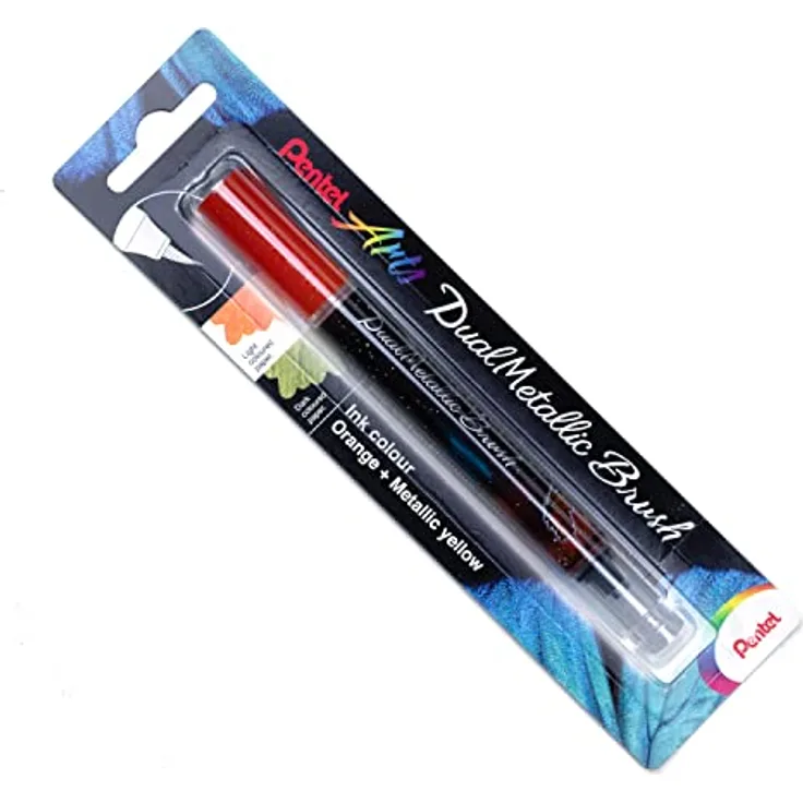 Pentel XGFH-DFX Dual Metallic Brush - Pinselstift gefüllt mit, je nach Papierfarbe, changierender Glitzertinte, Nylonfasern, feiner bis breiter Strich, orange/metallic-gelb, 1 Stück auf Blisterkarte