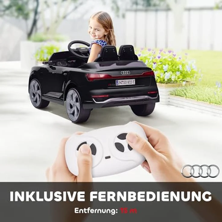 AIYAPLAY Audi Q8 Kinder Elektroauto 12V mit 2,4G Fernbedienung, 2 Motoren, MP3 Musik & Hupe, Scheinwerfer, 4 gefederte Räder, Schwarz für 3-4 Jahre – Bild 4