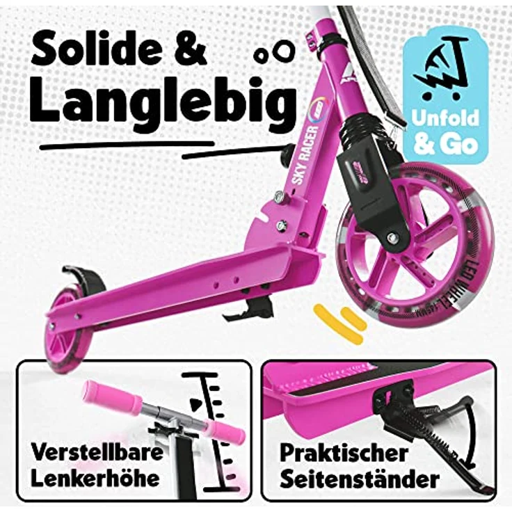 Apollo Skyracer City Roller mit LED Leuchträdern | Tretroller für Kinder und Teens | Federung | klappbar und höhenverstellbar – Bild 2