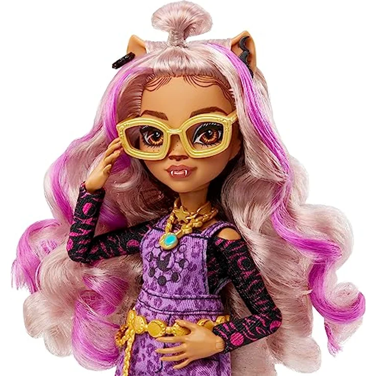 MATTEL Monster High Clawdeen - Puppe mit Animal-Print-Pullover und schaurig-schönem Longsleeve-Top und goldenem Schmuck, mit Haustierkatze Crescent, für Kinder ab 6 Jahren, HHK52 – Bild 4