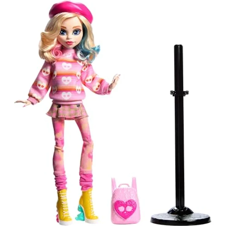 Mattel® Anziehpuppe Monster High x Wednesday Enid Doll, quirlige Mitbewohnerin mit gestreiftem Rollkragenpullover und gekräuselten Beinstulpen, pink – Bild 6