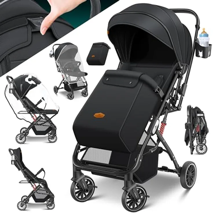 Kidiz Kinderwagen Kinderbuggy klappbar Liegebuggy Sportwagen 360° Räder 5-Punkt Gurt, Inkl. Fußsack, Getränkehalter, Regenabdeckung & Moskitonetz, verstellbare Rückenlehne & Sonnenverdeck, blau