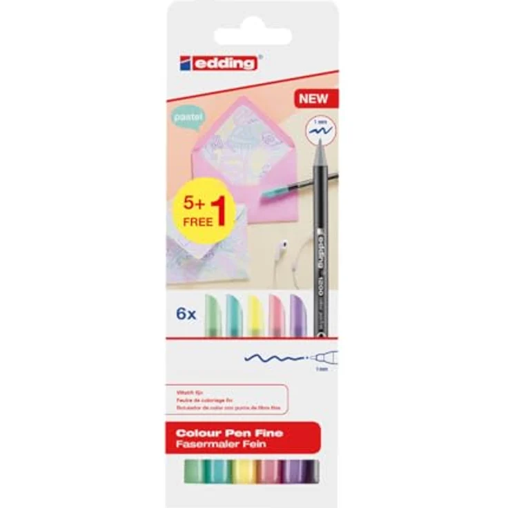 edding Filzstift Fasermaler edding 1200 VE=6 Stück/6 Farben Blister, Rundspitze 1 mm, wasserbasierte Tinte, 6er Pack, apfelsorbet, süße minze, honigmelone, kirschblüte, beerig lavendel, silbergrau – Bild 1